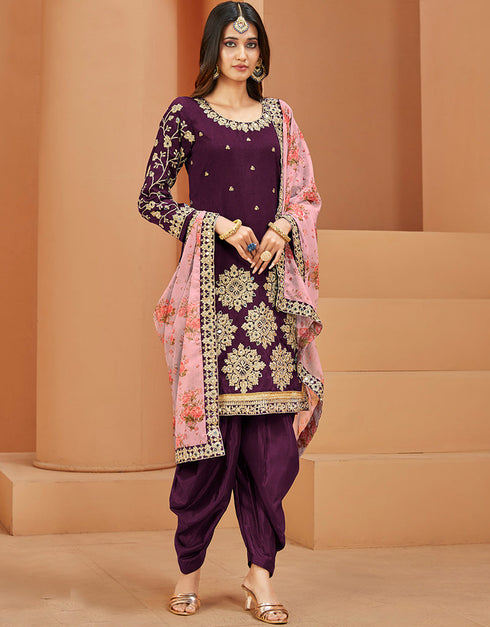 Traditional Function Wear Suit Collection Purple Art Silk Patiyala Straight Close-up View